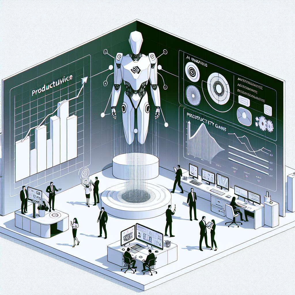 An image representing the announcement of Nvidia's Nemotron models at CES 2025, aiming to progress the development of artificial intelligence agents. The scene is depicted in a 2D, linear perspective, styled in a vector-based, flat, corporate approach. The background is plain, textureless white. The main elements of the image include a symbolic illustration of the new Nemotron model, an AI interface demonstrating user interaction, and productivity charts showing the anticipated gains. The illustration should showcase the models' applications and functionalities in a corporate setting, hinting at their capability to automate complex tasks and increase productivity.