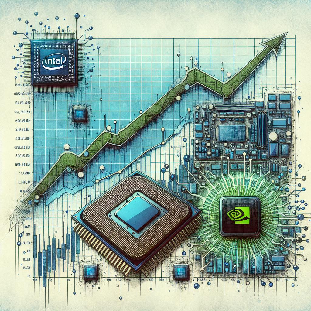 Create a 2D flat corporate-style image on a textureless white background. The image represents the transition from Intel to Nvidia in the Dow Jones with stock market graphs. The stock graphs should illustrate the performance comparison between Intel and Nvidia. Also included in the image are computer chips symbolizing the semiconductor industry. They are decorated with symbols of artificial intelligence, representing the innovation that Nvidia brings to the industry. The overall color tone of the image should be a blend of blue and green to signify technology and innovation.