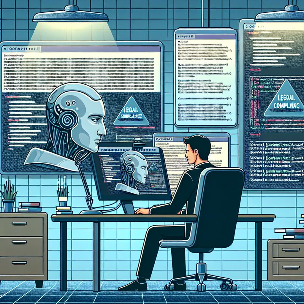 Create a flat, corporate, and vector style image in 2D linear perspective on a background with no texture. The scene takes place in a modern office environment indicating current work practices. The primary subject of this scene is a software developer, deeply engrossed in analyzing Artificial Intelligence-generated code on his workstation. On the screen of his workstation, there are multiple compliance charts visible which illustrate the need for legal compliance. This image should reflect the concerns regarding the increasing use of Generative Language Models for code making and legal matters about license usage, specifically bringing into focus non-permissive licenses such as GPL and LGPL.
