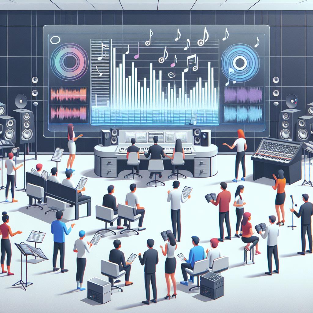 A vector-style, 2-dimensional image with a flat, corporate feel, featuring the scene set in a modern recording studio, symbolizing musical innovation. On a white, textureless backdrop, a team of musicians of diverse races and genders interact with an artificial intelligence system. They are standing around a screen displaying audio graphs that illustrate the process of music analysis and creation. Additionally, floating musical notes in the air represent the formation of music. The environment is filled with high-tech equipment and musical instruments, also signifying the involvement of AI in music production.