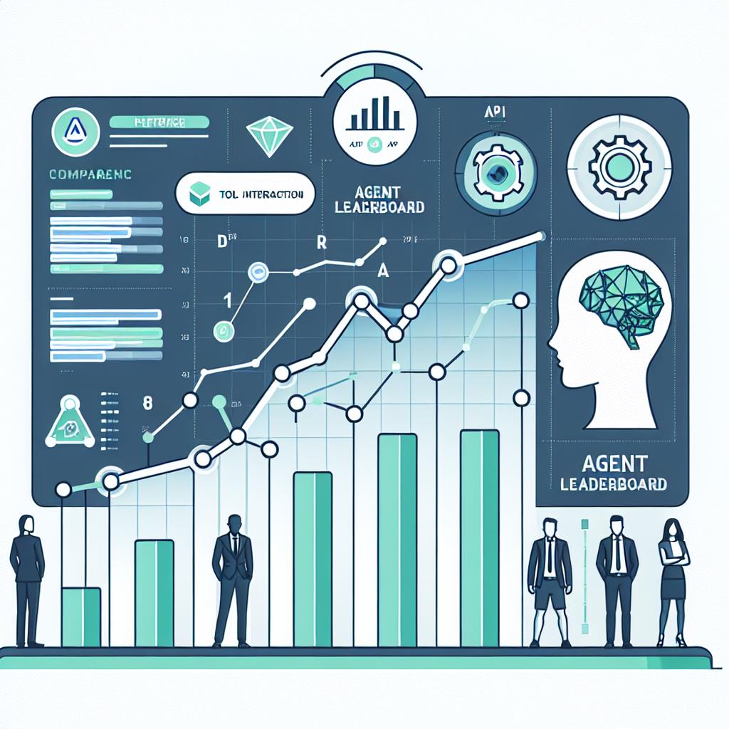 Create a 2D, linear, vector-style image in a corporate, flat design. Use a white, untextured background. Present a graphical representation of an Agent Leaderboard comparing the performance of various artificial intelligence models. Include bar graphs to denote performance comparison among the models. Also add icons symbolizing tool interaction and APIs. Employ the use of relevant colors like blue and green to convey efficiency and technology.