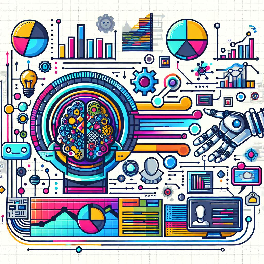 Create a vector, flat, and corporate-style image, viewed from a 2D linear perspective on a white and textureless background. The image represents the integration of Machine Learning into corporate operations. It should include vibrant colors to symbolize innovation and technology. Add elements like graphs to represent data analysis and predictions. Also, include an automated interaction with users represented through images of chatbots.