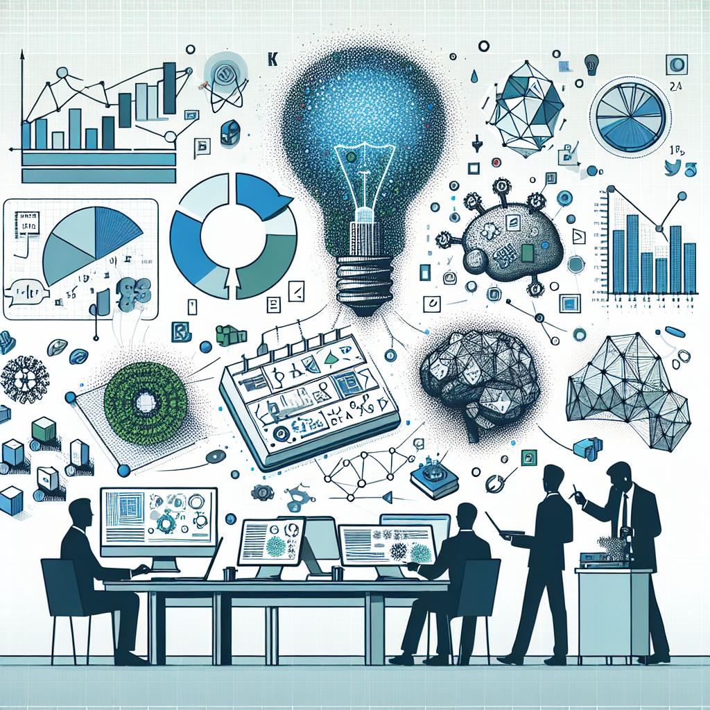 Create a vector-style, flat, corporate-themed 2D image in linear perspective. The backdrop is white and textureless, capturing the essence of technology and innovation with hues of blue and green. The scene presents the interaction between artificial intelligence agents within an open-source JavaScript framework, KaibanJS, and the computational knowledge engine, Wolfram Alpha. Icons symbolizing mathematics and science are scattered around to represent computational capabilities. Dynamic graphs illustrate data visualization, showcasing an amalgamation of complex data and calculations in execution.
