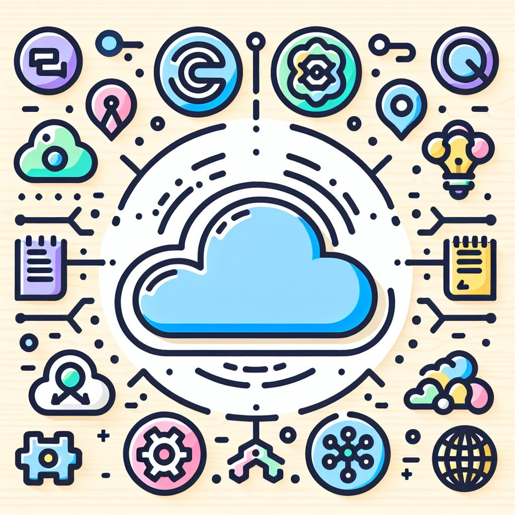 Imagine a 2D, linear perspective, vector-style image on a plain white background. The focus of the image is the logo of Codeium, an AI-assisted development platform. Surrounding this logo, illustrate various icons that symbolize the new functionality offered by the platform in April of 2023. These icons should include a chat symbol for their new chat feature, multiple coding symbols for expanded language support, and integration arrows to represent connectivity between different IDEs. Add colorful backdrops to these icons to create a modern, attractive look and feel.