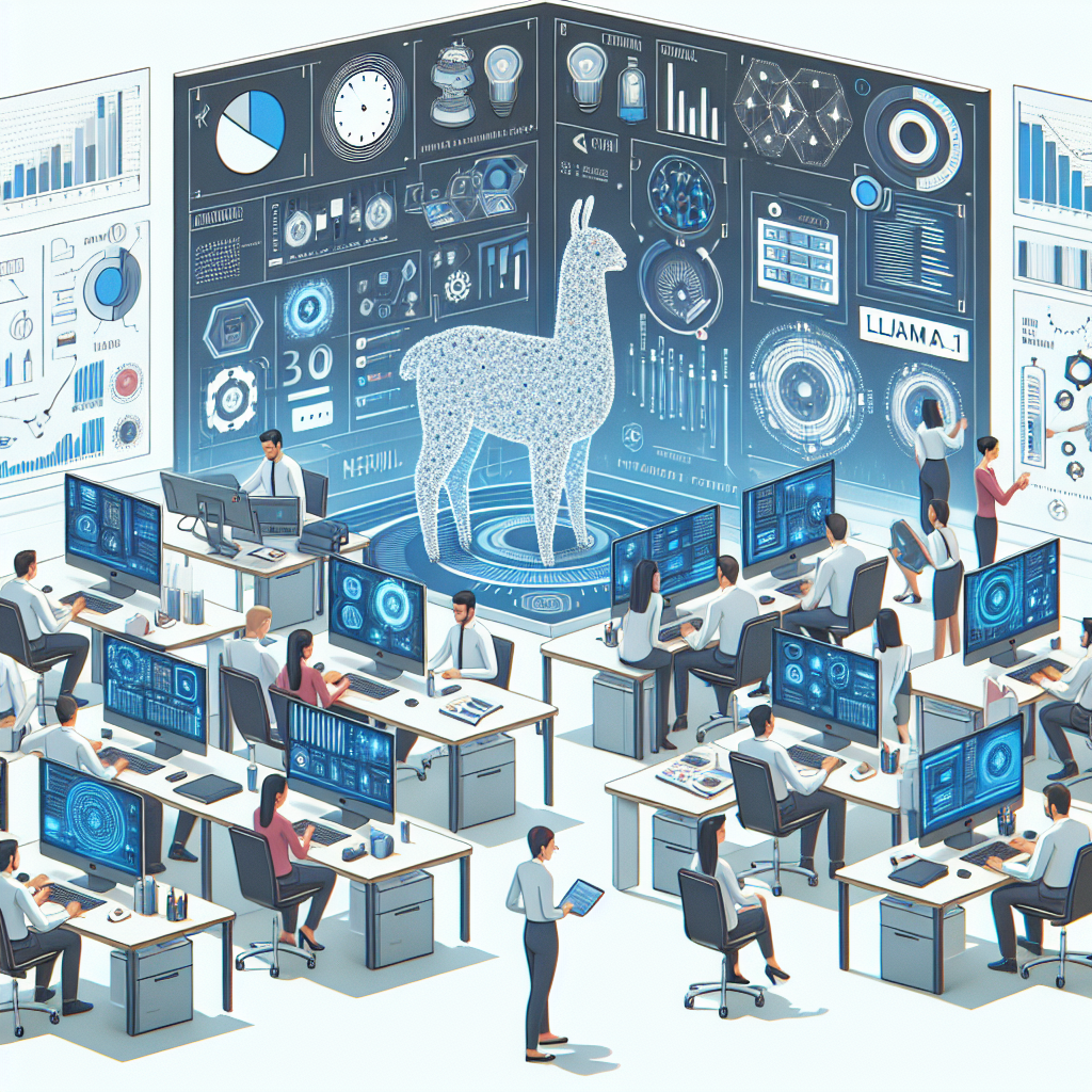 Create a 2D, flat illustration in a corporate style, on a plain white and textureless background. Visualize a modern workspace populated with diverse technology professionals of various descents, such as Hispanic and South Asian, who are fine tuning an AI model on their computers. Show on the computer screens, diagrams and data related to the Llama 3.1 model. Surround the scene with visual elements that represent data and Artificial Intelligence, such as electronic circuits and performance graphs. Facilitate a realistic tech work environment, showcasing the high-quality infrastructure required for model training like modern computers.