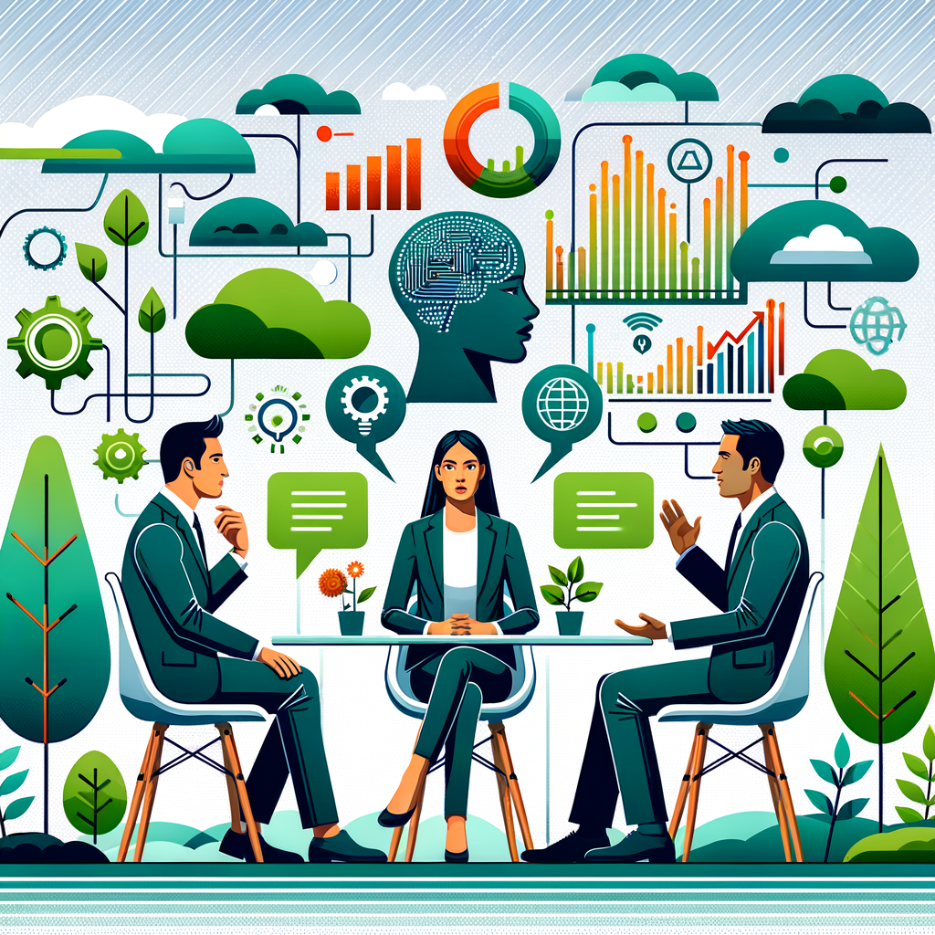 Create a vector styled, corporate, flat image that captures a tech and environment discussion panel. This should be in a 2D, Linear Perspective against a white, textureless background. A conversing triad of experts with different descents and genders should be present. They could be Middle-Eastern woman, Caucasian man, and Hispanic man engaging in a serious debate, their expressions reflecting the intensity of the topic. The backdrop features elements of nature, such as trees and a clear sky. Surrounding the panel are vibrant data graphs showcasing the increased energy consumption and carbon emissions tied to artificial intelligence. These elements symbolize the dialogue about AI impact and highlight the need to protect our environment.