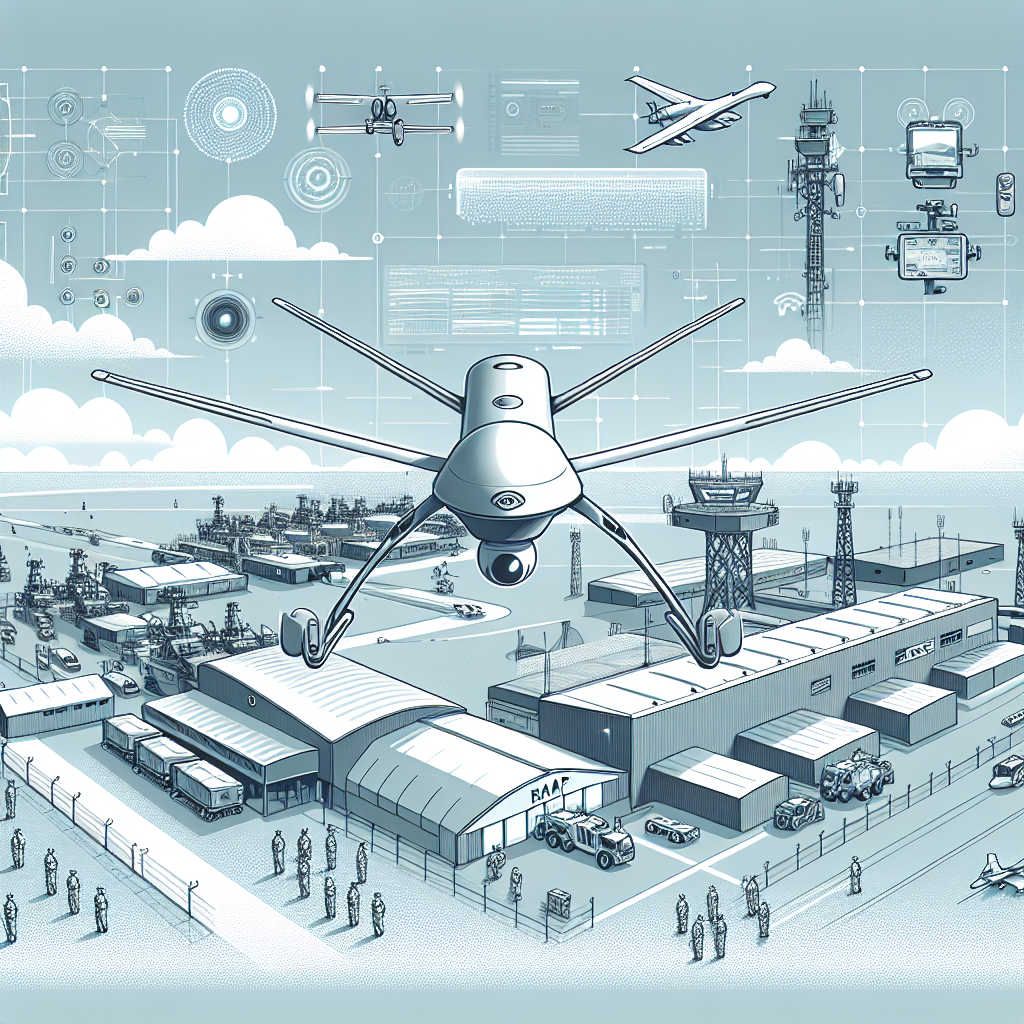 The image depicts an advanced defense technology demonstration at Royal Australian Air Force (RAAF) Base Darwin. A surveillance drone is captured flying over the base. In the backdrop, visible defense sensors and systems encapsulate the military environment. The illustration is in a vectorial, flat, corporate style. The perspective is 2D, linear, with a white and textureless background. Additional elements included are: The military base signifying the technology's deployment site, clear sky symbolizing a safe, controlled environment, and RAAF team members in uniform hinting at human-tech interaction.