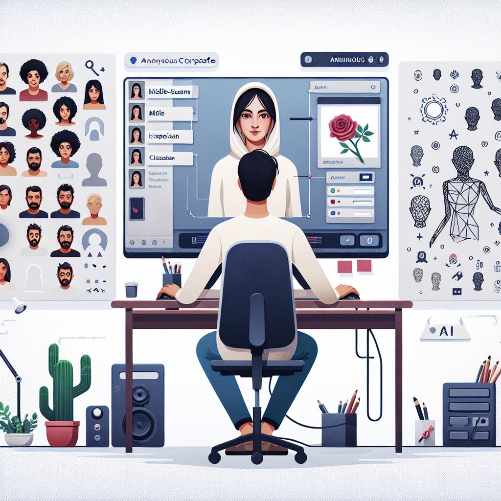 Imagine a 2D vector-style, flat corporate image with a white, textureless background. The central scene shows an anonymous user interacting with an intuitive user interface on their computer, which is clearly the Rosebud AI, a game creation platform with artificial intelligence. Displaying on the computer screen is a work-in-progress AI character, hinting at the user-friendly character customization options available. They are creating a Middle-Eastern, female character and on the side of the screen, various other character options illustrate the diversity, featuring a Caucasian male character, a Hispanic female character, and a Black male character. Scattered around the workspace, there are some gaming icons and elements to provide context on the potential application of these AI characters.