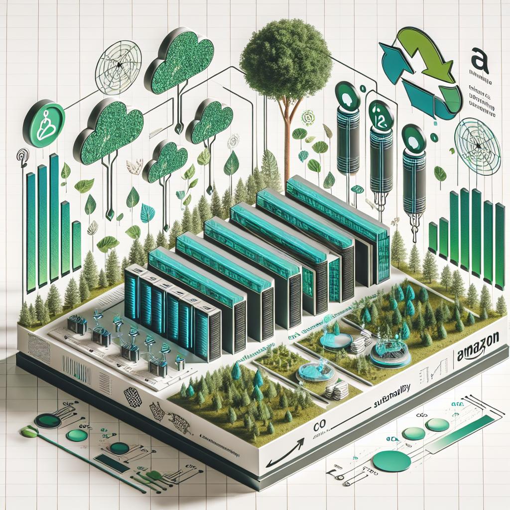 A crisply designed 2D, flat vector image of a futuristic Amazon data center, highlighting the spirit of corporate sustainability. This advanced technology setting is designed with precision to impart an ambience of the future. Bordering the facility are illustrations of vibrant green plants, symbolizing the aspect of sustainability and reverence for nature. Interspersed within the scene are CO2 graphs, embodying the company's carbon removal mission. Additionally, AI icons, indicating the usage of artificial intelligence in their technology, can be seen artistically incorporated into the whole visualization. All these portray an equilibrium between technology and nature over a texture-less white background.