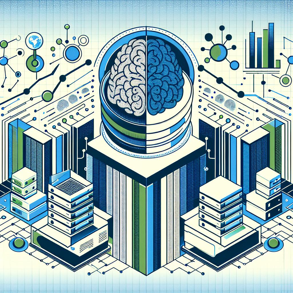 Create a 2D, flat style corporate vector image in a linear perspective with a white and textureless background. The image portrays a collaboration in the AI server industry between two tech companies represented by nondescript logos. There are technological elements and growth charts emphasizing an increase in AI server sales. Use shades of blue and green throughout the image to represent technology and innovation.