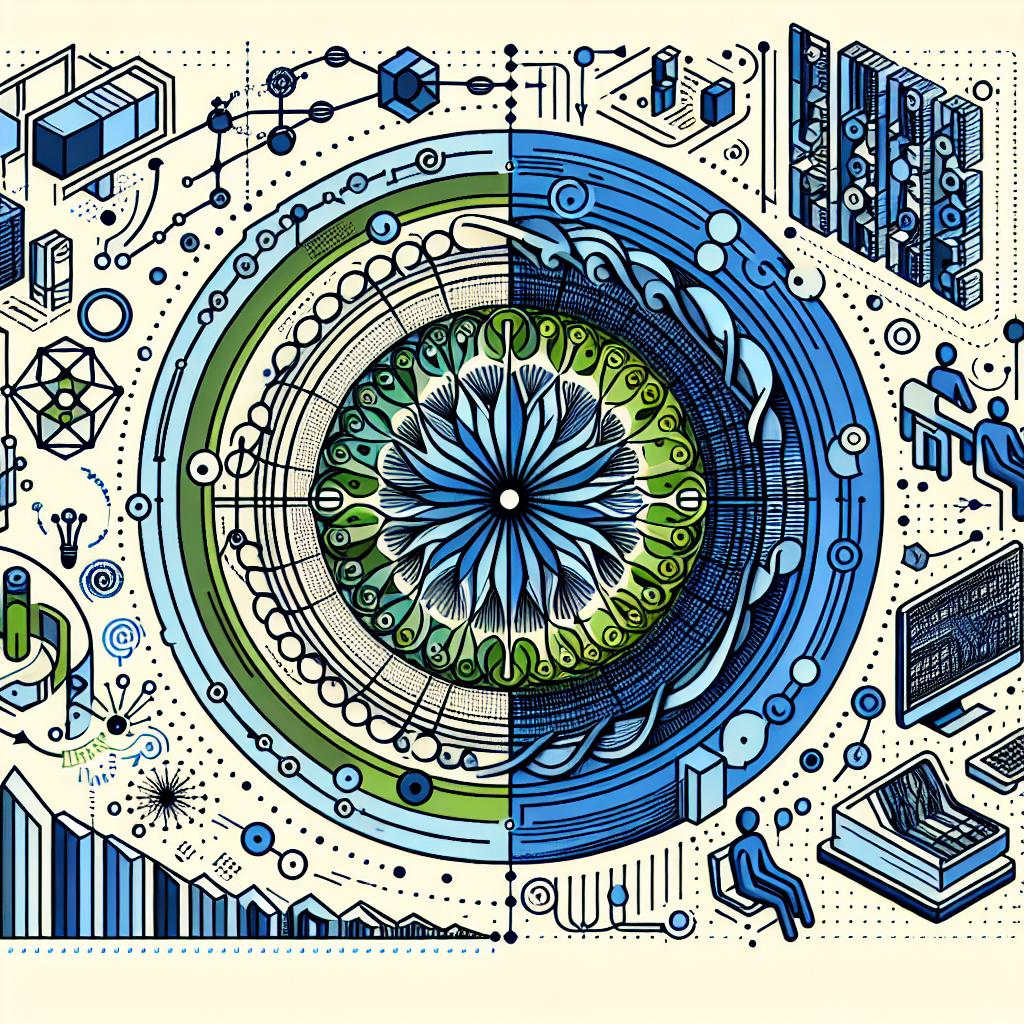 Create a 2D, linear perspective, flat corporate style image with a featureless white background, inspired by vectorial visual design. In the middle, depict the concept of 'recurrent processing', represented by a cycle of cognitive dimension graphs in shades of blue and green. Around this central motif, a representation of Large Language Models (LLMs) in operation should be shown, displaying the practical application of these technologies. All these elements interact to symbolize the complexity of human thought simulated in artificial intelligence.