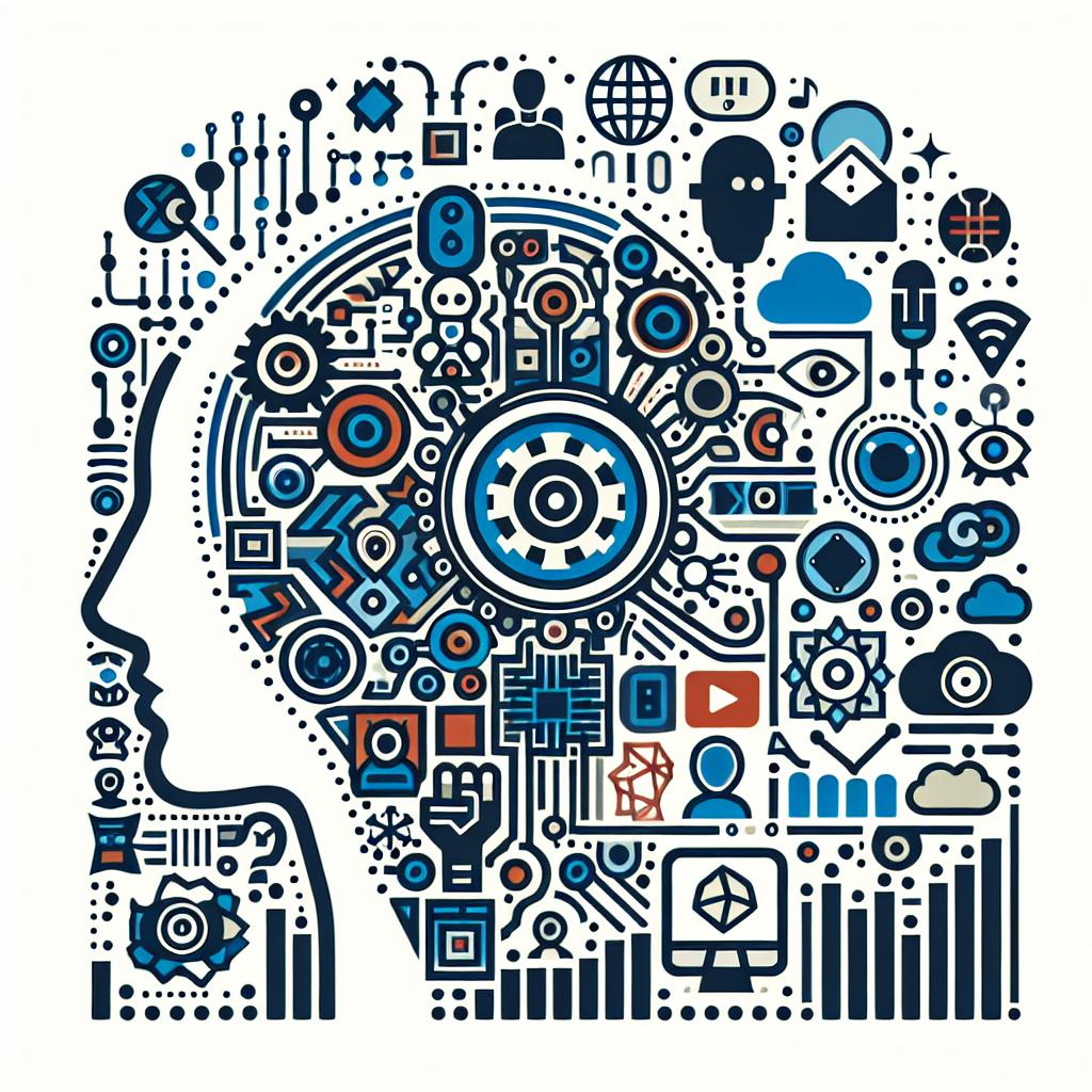 Create an image in a 2D, flat, corporate vector style. The background should be white and without texture. Design a collage of symbolic representations of different applications of artificial intelligence, such as voice clones, user interfaces, and AI models. Include icons that represent open-source collaboration, smart glasses, and visual elements symbolizing interaction in interfaces. The image signifies the innovation and diversity in the field of AI.