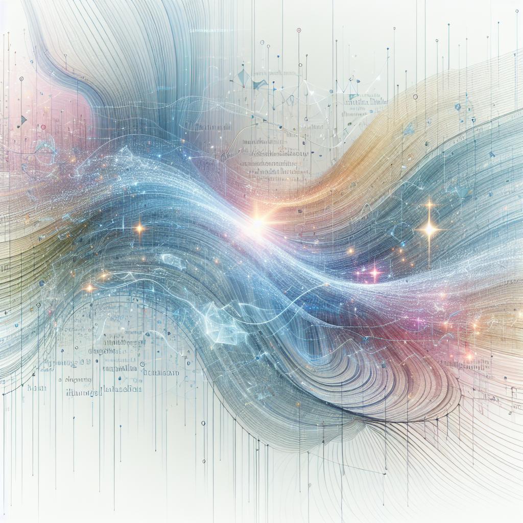 Portray a 2D, linear perspective image in a corporate, flat, vector style on a white, textureless background. The central element should be softly undulating waves that represent the fluidity and accessibility of technology. Intersperse these waves with brightly shining words that symbolize the knowledge and innovation provided by artificial intelligence. Imbue the entire scene with ethereal colors to evoke feelings of hope and a promising future, showing the significant leap of AI research and its societal impact.