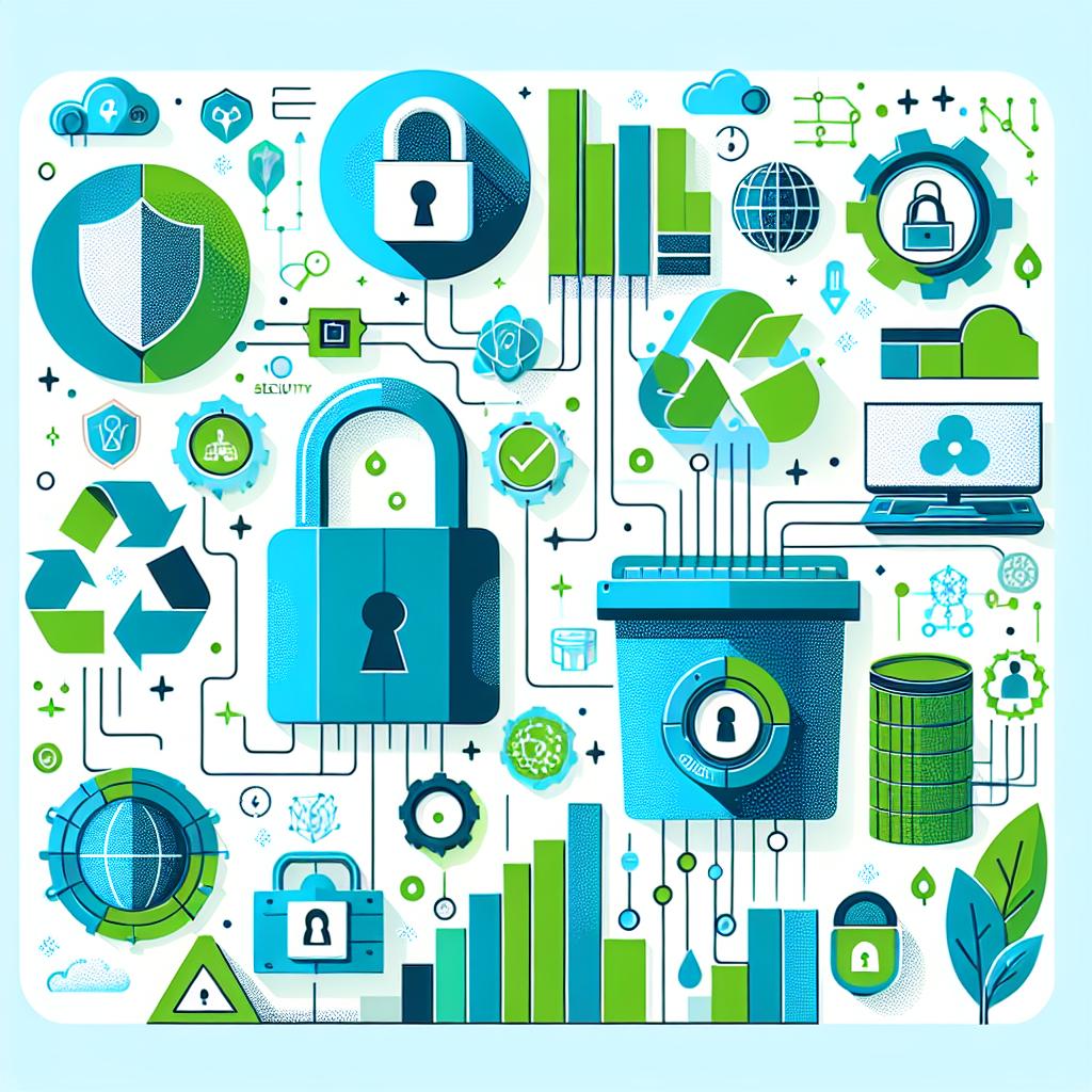 Create a flat, 2D, corporate-style image imbued with the colors of calming blues and vibrant greens signalling reliability and innovation. In this illustration, essential features should be present including data security symbolized by padlocks, sustainability characterized by recycling symbols, and a growth chart reflecting the potential of innovation. These elements are all set against a plain white, texture-free background, showcasing the importance of security, data unification, and sustainability in today's digital transformation era and the advancing field of Artificial Intelligence.