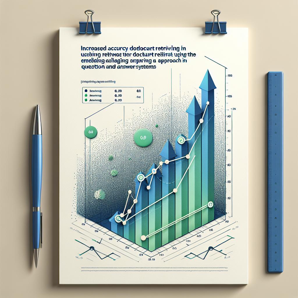 An image designed in a flat, corporate 2D style following a linear perspective. The backdrop of the image is a textureless white background. The focus of the image is a graph illustrating the increased accuracy in document retrieval using the EmbeddingAlign RAG approach in Question and Answer systems. It indicates the growth in hit rate from 0.89 to 0.95. The graph uses blue and green color schemes to reinforce the idea of innovation and growth. Arrows are pointing upwards, indicating improvement, with titles emphasizing the key findings of the study.