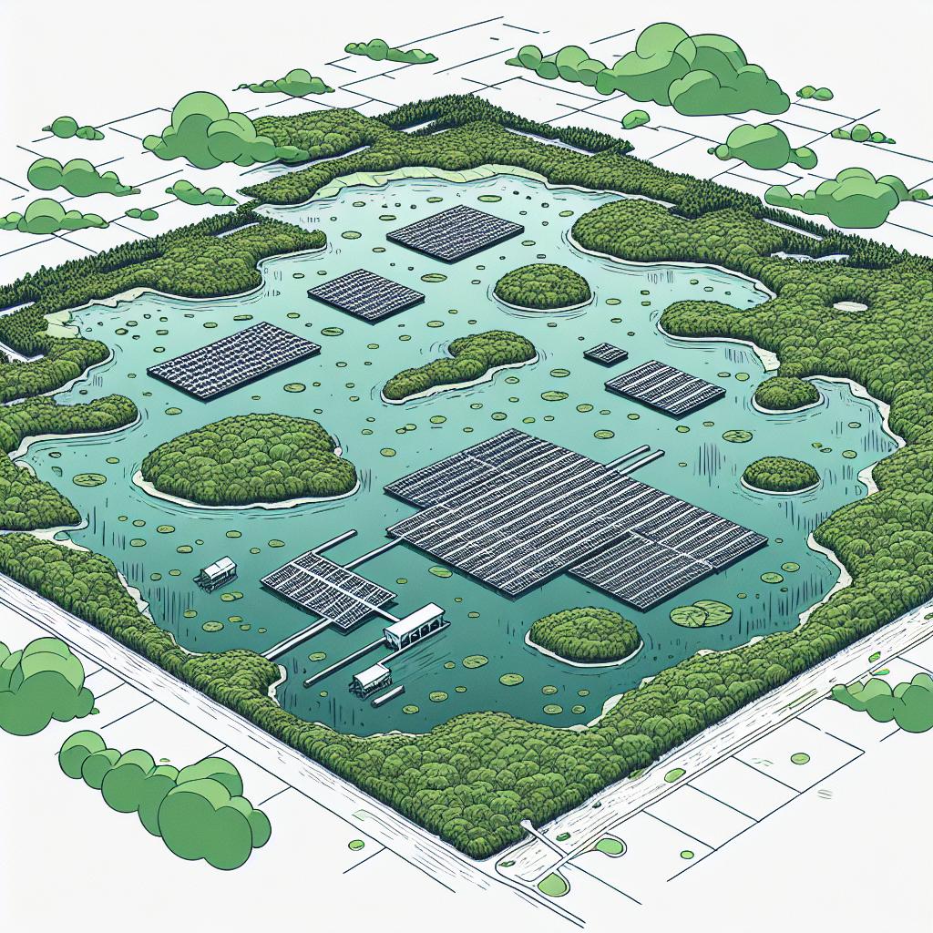 A 2D, linear perspective, flat vector style image, set on a texture-less white background. This picture represents a bird's eye view of small lakes around Ithaca, New York, with a focus on one of the lakes which is covered with floating solar panels. The solar panels underscore the innovative technology for power generation, portraying a sense of advancement in renewable energy technology. Around the lakes, green vegetation is seen, indicating the interaction of the technology with the environment. A clear sky overlays the scene, symbolizing a promising future for renewable energies.