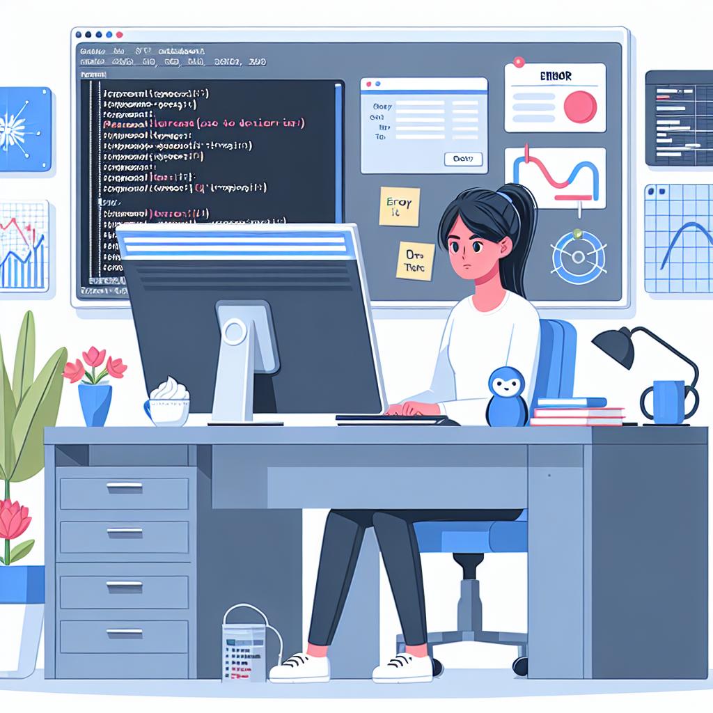 Render a 2D vector-style, flat and corporate image exhibiting a South-Asian female developer working in front of a computer where the screen displays error messages, symbolizing issues with the execution of a web application. The developer's workspace represents a standard workspace, featuring a computer, performance graphs and statistics in the background emphasizing the importance of error tracking. In addition, include elements such as post-it notes with programming tips and a coffee mug symbolizing the programmer's culture. The overall setting should have a white and textureless background.