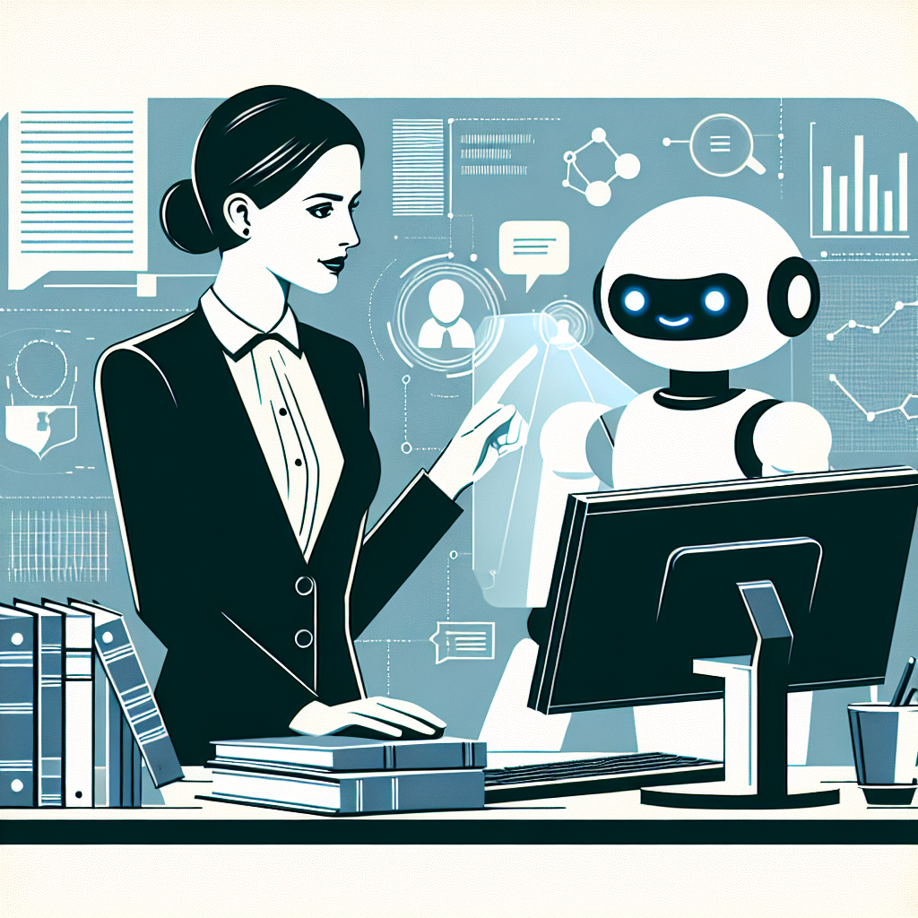 Illustrate an image in a 2D linear perspective, using a flat, vector-style and corporate approach with a white, texture-less background. Depict a female, Hispanic lawyer in a modern office environment, interacting with a chatbot through a computer. The computer screen should showcase a chatbot interface. Elements of technology such as digital graphics indicating data analysis should make the backdrop. Place elements that symbolize the modernization of legal services, like books signifying the traditional aspect of the legal sector and digital graphs that symbolize data analysis.