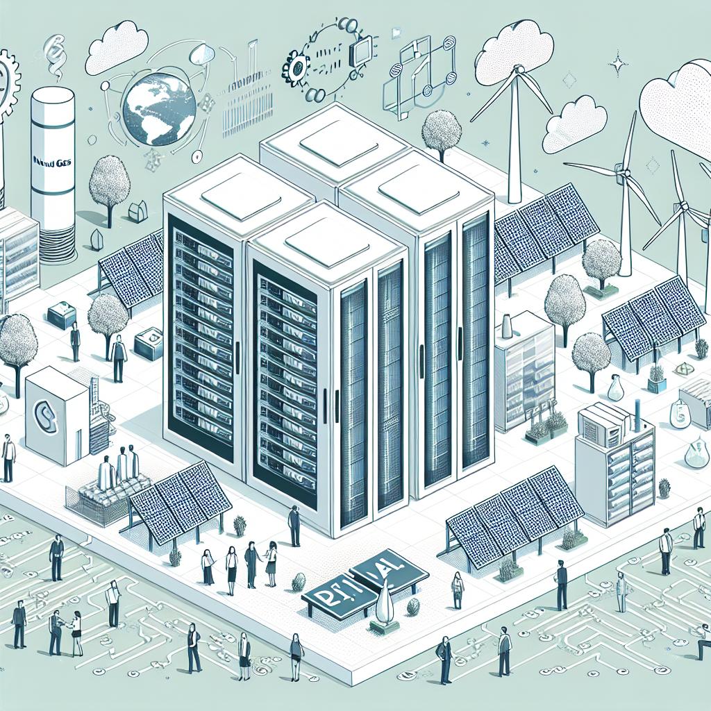 A flat, corporate-style, vector illustration of a modern data center in a 2D, linear perspective. This white and textureless scene represents the technological infrastructure of Crusoe, a provider of AI infrastructure, with a background depicting sources of sustainable energy such as wind turbines and solar panels. Natural gas can be symbolized to represent the innovative energy source used by the company. Additionally, there are circuits representing AI capabilities, emphasizing the company's specialization in AI solutions. Also included in the scene are people of different genders and descents working together, emphasizing the creation of jobs and collaboration in technology.