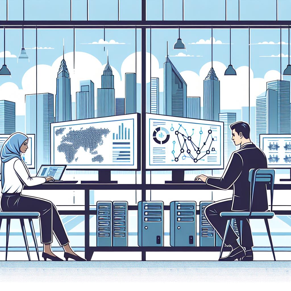 Create a vector-style, flat, corporate image set in a modern tech company, with urban landscapes in the background. In the foreground, a Middle Eastern female AI engineer and a Hispanic male AI engineer are working diligently on a server. They are surrounded by monitors displaying AI performance charts, symbolizing among other things, the analysis and performance of AI solutions. The mood of the image should reflect the dawn of a new era in open-source AI models as competitive alternatives to larger closed models. The image's perspective is linear and 2D on a blank white and textureless background.