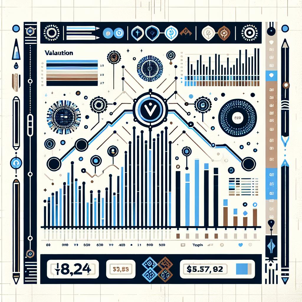 Create a vector, flat-style, corporate 2D image on a blank, textureless white background. The primary element should be a comparative graph visualizing the valuation disparity between the highlighted company, represented by a generic technology company logo, and its competitors. Include valuation numbers (P/E ratio). Add growth icons symbolizing expected growth, and color schemes alluding to the technology sector for a modern atmosphere. Finally, incorporate a subtle, stylized background of electronic circuits to emphasize the context of AI technology industry.
