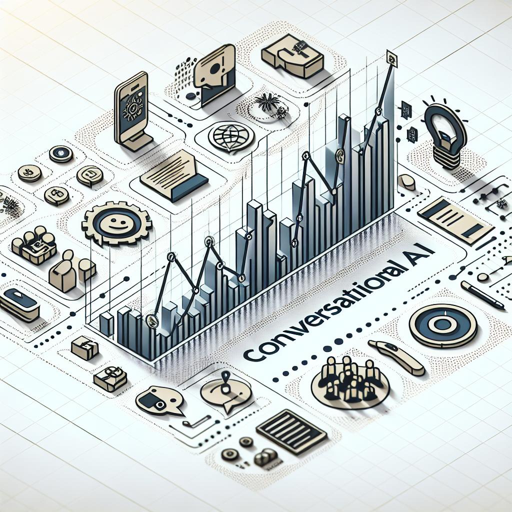 Generate an image in a 2D, linear perspective on a white, textureless background. The image has a corporate, Flat art style with a sober color palette to convey professionalism and innovation. In the center of the image, there should be a graph visually representing the growth of conversational AI in the corporate environment. Scatter around various icons that represent different sectors where this technology is applied, like journalism, customer service, and technology.