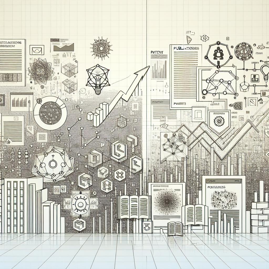 Create an image in a 2D, linear perspective, with a clean, non-textured white background, embracing a corporate, flat, vector style. The image should feature a graphic montage composed of various elements representing IEEE articles and the primary technologies they influence. These should include symbols for Artificial Intelligence, blockchain, and Internet of Things (IoT). In addition, the inclusion of books and articles will symbolize the publication and research achievements of IEEE. Overlay these elements with patent charts and figures to illustrate the rise in citations and patents over the last two decades.