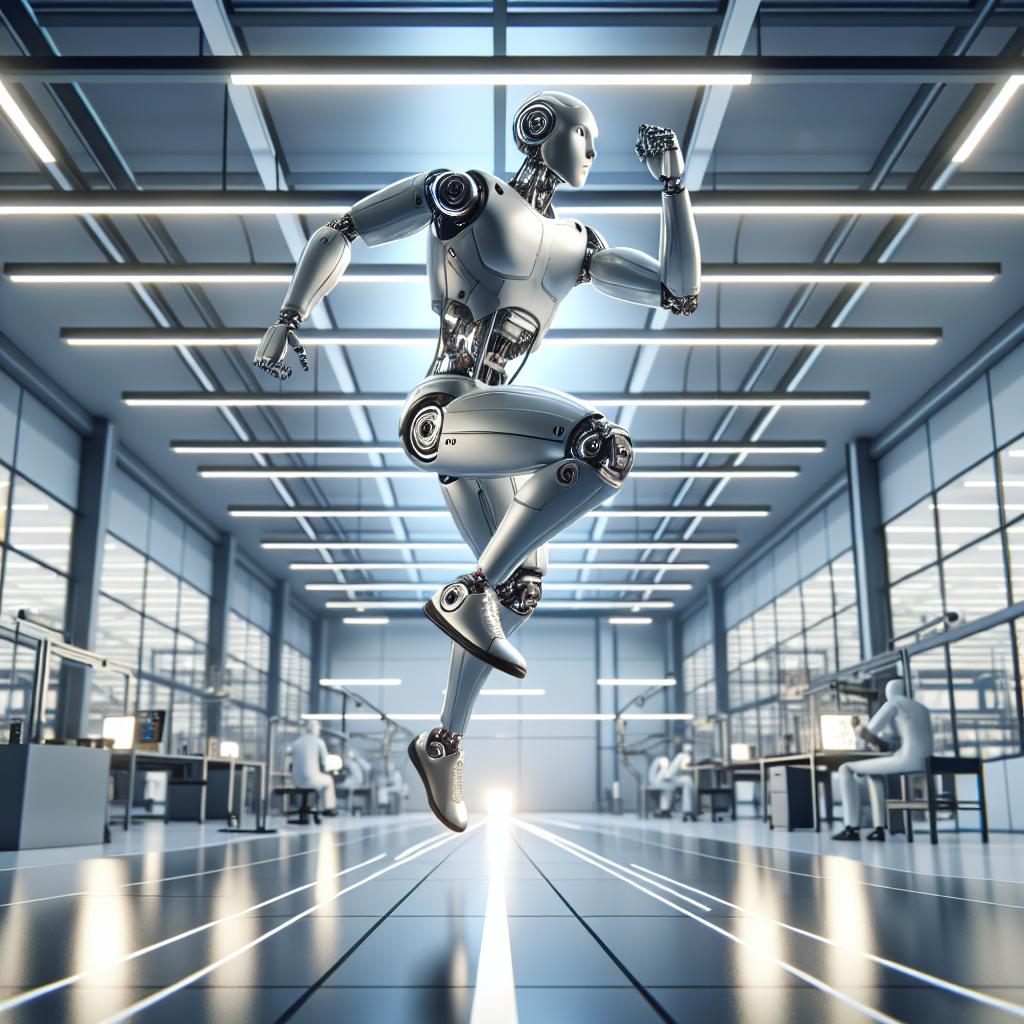 Create a 2D, vector-style image with a corporate feel. The primary subject is an agile humanoid robot, demonstrating its capabilities such as jumping or performing a complex movement, indicating innovations in robotics. The robot should have metallic colors, emphasizing its modernity and technology. The background should be an industrial or laboratory environment, conveying a sense of innovation and technology. Illuminate the scene appropriately to highlight the robot in motion. The entire image should have a white and texture-less background, visually reinforcing the linear perspective.
