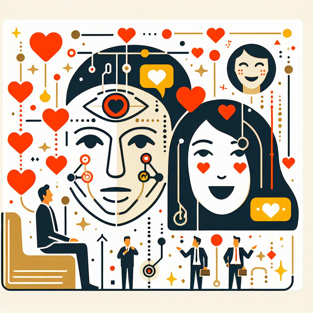 Create an illustration in vector style on a white, texture-less background. The perspective should be 2D and linear. The image represents an interaction between humans and artificial intelligence (AI), with visual elements that symbolize emotions. Emotions should be represented by hearts, indicating experiences or simulation of feelings. Expressive faces illustrate the emotional interaction between humans and AIs. The color scheme should be warm colors, provoking a sense of empathy and connection. These elements all come together in a corporate and flat style image.