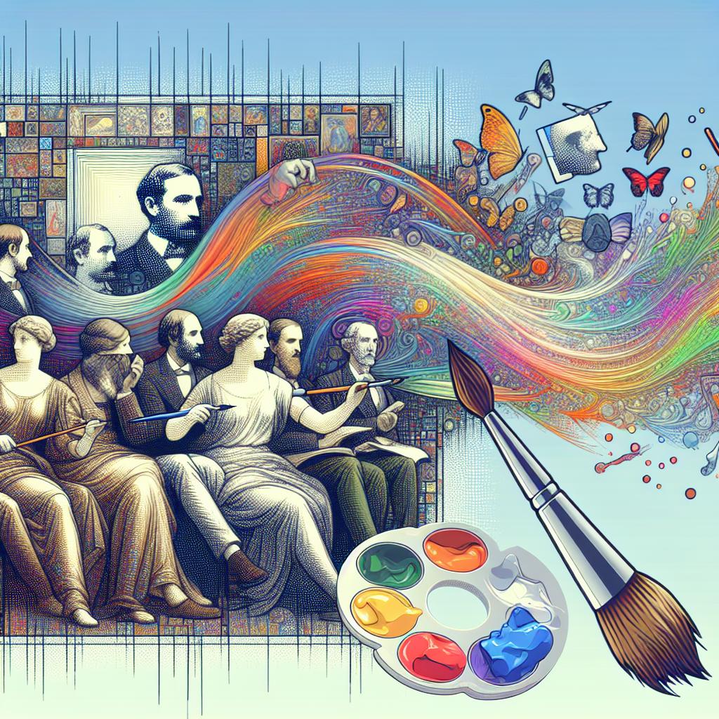 Create a corporate-style, vector, and flat image with a texture-less white background, in a 2D linear perspective. The focus of the image is the visual representation of the action of the DeepSeek Janus-1.3B model analyzing classical pieces of art. The interpretation of this is conveyed through visual elements like paintbrush strokes, symbolic of the art and aesthetic focus, and images of pre-1912 famous artworks to illustrate the model's impact on artistic analysis. Integrate a vibrant color palette to symbolically represent the creativity and diversity inherent to the art world.