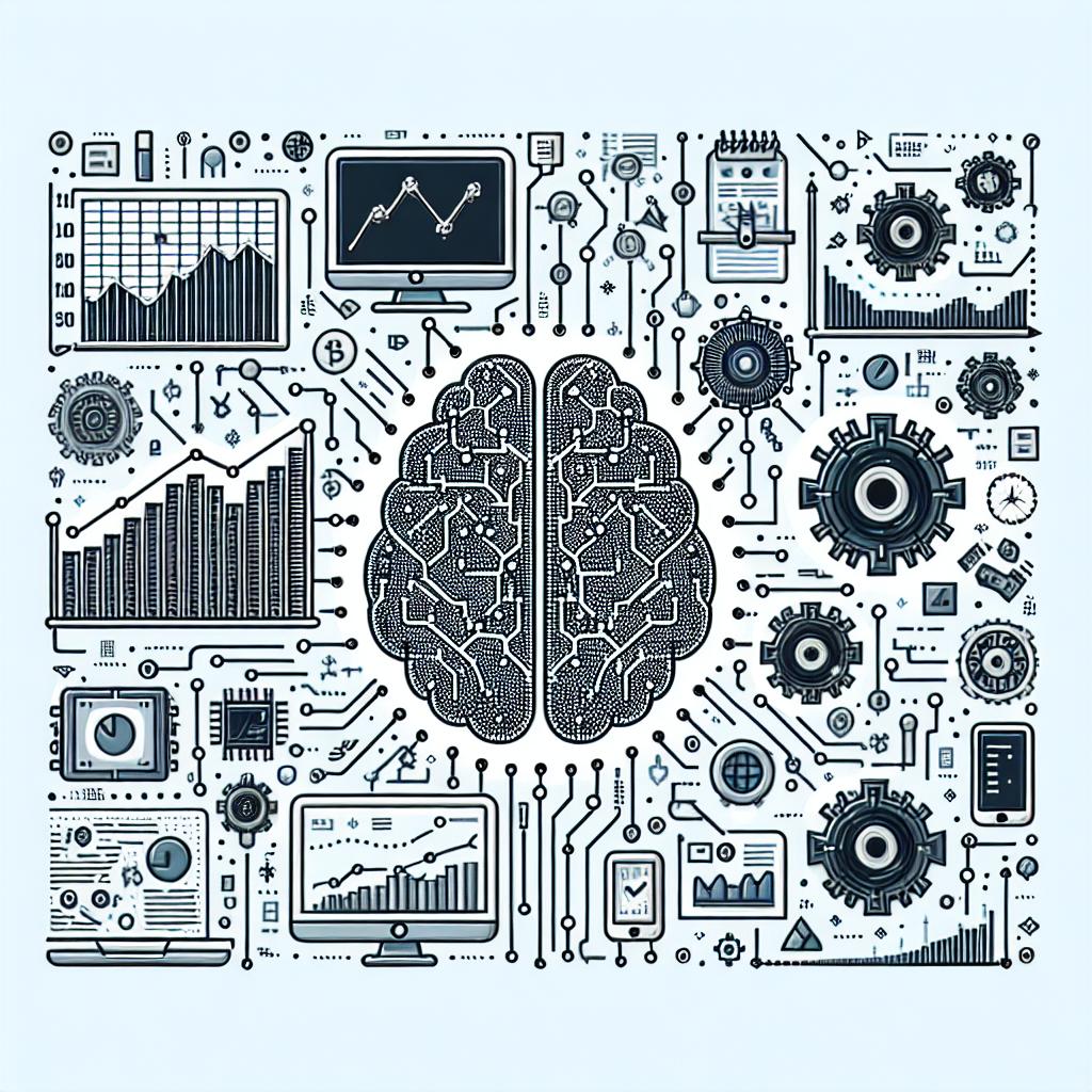 Generate a 2D, flat, corporate-style vector illustration that captures the growing concerns about generative artificial intelligence. The image should have a plain white background. Include elements such as investment charts to illustrate the sector's volatility, computer chips to symbolize the competition in the development of technologies, and innovation icons to represent the future of AI. Ensure the elements are coherent and related to each other, depicting an interconnected network of AI risks and opportunities.
