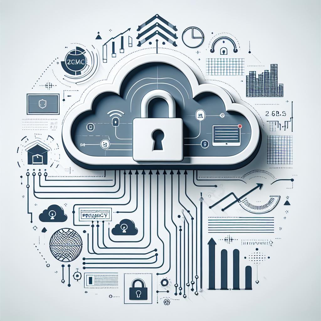 Create a 2D, graphic illustration following a corporate and flat vector style. The main elements of the image are a depiction of cloud computing and a padlock, interlinked to symbolically represent security and privacy in cloud services. On a pristine white, texture-less background, place a cloud design, and a padlock icon to symbolize the safety of data. Include graphics that denote technology growth, such as rising arrows or bar charts. Also, integrate text regarding privacy to highlight the significance of compliance, perhaps using stylized fonts or call-outs.