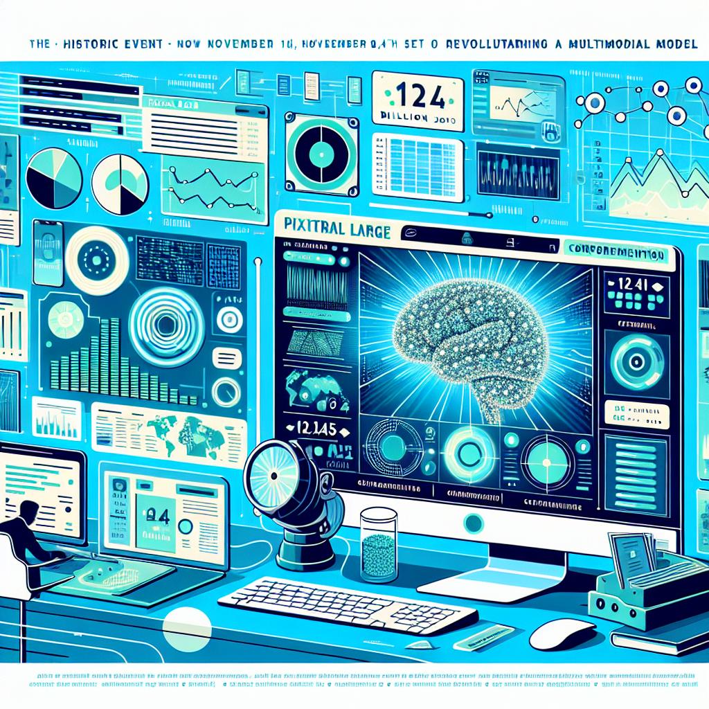 Visualize an image representing a historic event on November 18th, 2024 when Mistral AI unveiled 'Pixtral Large,' a 124 billion parameter multimodal model set to revolutionize the understanding of images and texts, outperforming competitors in benchmark standards. The image should portray a graphical representation of Pixtral Large interacting with both texts and images. The background consists of graphics and icons symbolizing artificial intelligence and machine learning. The style is vector-based, flat, and caters to a corporate aesthetic with the perspective being 2D and linear. Additional elements include charts illustrating the benchmarks where Pixtral Large stood out, tech icons symbolizing innovation in AI, hues of blue and green conveying modernity and technology, an image of a computer denoting the practical application of the model in work environments, and highlighted text containing information about the key characteristics of the model - all set against a white, texture-less background.