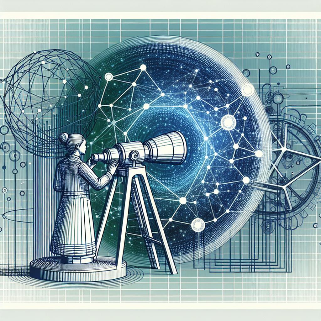 Generate a 2D, linear image with a flat, corporate style, displaying the interconnectedness of data and artificial intelligence. On a texture-less white background, an astronomer represents the quest for knowledge in data. This figure, who is South Asian and female, is shown in a futuristic setup, symbolizing innovation and advanced technology. Interlinked data reflects the complexity and significance of data management. The colors utilized are blue and green, invoking a sense of technology and reliability. The image remains optically mindful, embraced in vectorial aesthetics.
