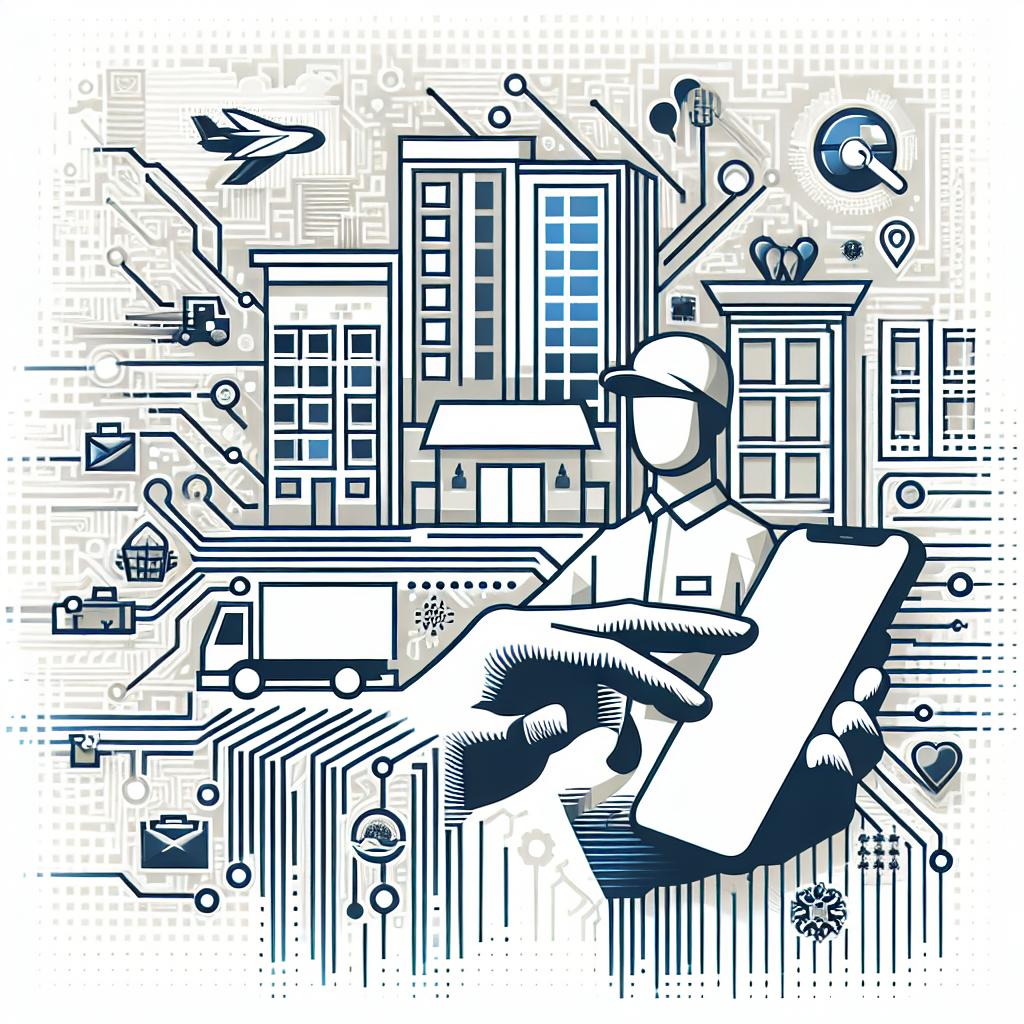 Create a 2D, linear perspective image with a flat, corporate vector art style. The image should have a white, textureless background. It should symbolize the merger of technology and delivery service. The key elements include a delivery person, symbolizing the workforce of a food delivery company. This person should be depicted using a digital device during a delivery in an urban setting, signifying the integration of technology in operations and the delivery environment. Remember to keep the ethnicity and gender of the delivery person diverse and unbiased.