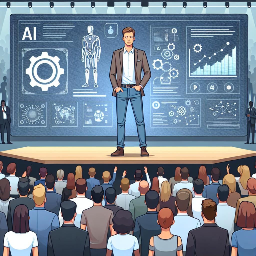 Illustrate a technology launch event with a diverse crowd of interested attendees, all eyes on the stage. A charismatic CEO of a cutting-edge technology company stands on the stage, presenting their latest AI model, 'Grok 3', aiming to surpass competitors in performance in areas such as mathematics, science, and programming. The CEO is neither public figure nor celebrity, just an average individual with light brown hair, wearing a casual button-down shirt and jeans. The staging is tech-themed with a presentation screen bearing Grok 3's logo and elements hinting at AI, such as data and charts shown digitally on the background screen. The art style is flat, vector based, corporate and the perspective is 2D, linear. The desired background is simple, plain and white, without any textures.