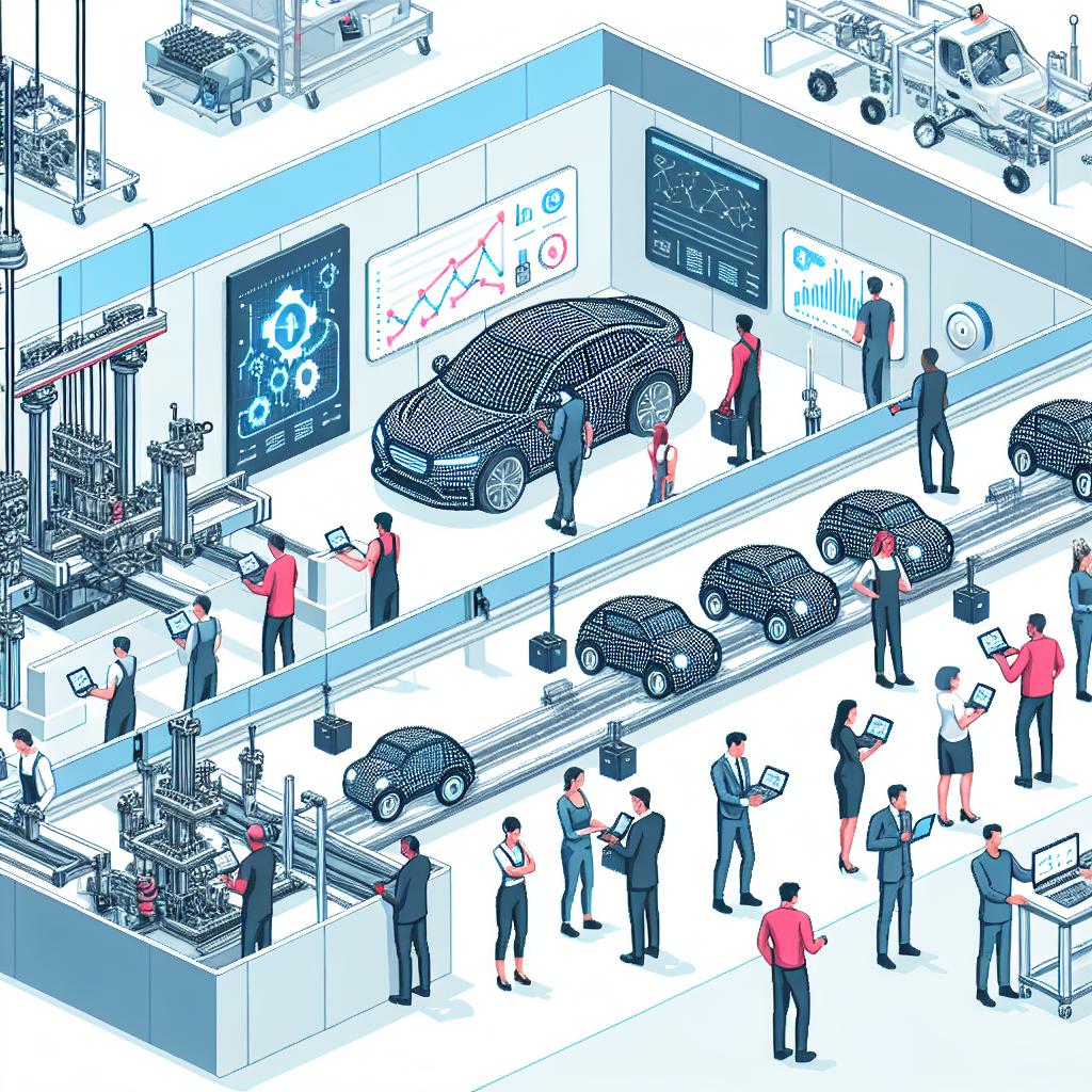Depict a modern assembly line in a clean, 2D, flat illustration style with linear perspective on a white, unadorned background. Showcase a variety of factory workers, each from a different descent, such as Caucasian, Black, Hispanic, Middle-Eastern, South Asian, and White, interacting with digital devices and artificial intelligence technology. These workers are engaged in tasks that utilise an AI platform, symbolising the transformation of the automotive industry. Populate the scene with additional elements such as a contemporary factory environment to illustrate innovation and efficiency, and visual elements of AI, such as charts or data showing efficiency improvements. Capture the spirit of a revolution in manufacturing through the democratization of AI skills.