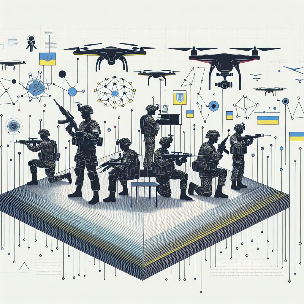 A 2D, linear perspective image in a flat, corporate, vectorial style. The image is set against a white, texture-less background. It portrays Ukrainian soldiers of various ethnicities and both genders operating drones in a combat environment, highlighting the human impact of war. The drones symbolize modern military technology. Incorporate visual elements that suggest a combat scenario as the context of the scene. Also include AI graphics, such as neural networks or machine learning algorithms, to represent the utilization of artificial intelligence in optimizing combat strategies and operational requirements.