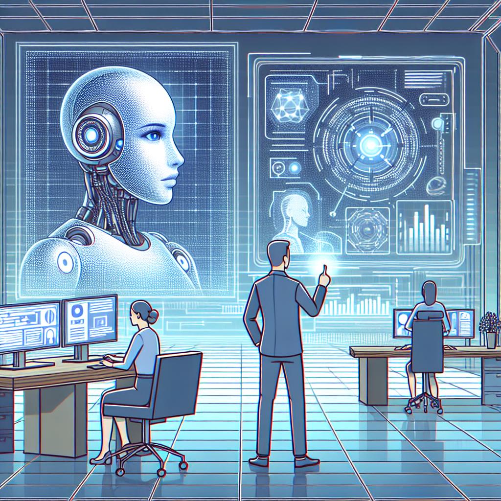 Create an illustration that depicts an advanced, futuristic workspace where human users interact with an Artificial Intelligence (AI) assistant. The AI assistant, symbolizing the evolution and innovation in reasoning, is seen analyzing data and presenting complex solutions via a holographic screen. Include a human user, who represents the interaction between humans and AI, in this environment. Make sure the setting is futuristic, to emphasize the potential future of AI. The illustration should be vectorial, flat and corporate with a pure, white and textureless background, in a two-dimensional, linear perspective.