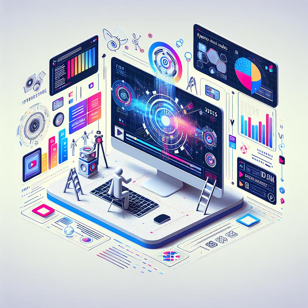 Create a 2D, vector-styled image with a corporate and flat design, set against a plain white background. The scene should depict a futuristic digital environment, showcasing a computer dynamically generating videos. Surround this with graphics and codes symbolizing artificial intelligence power. There should be videos playing on the computer screen, illustrating the output of the latest open-source video model, introduced on February 28, 2025. Use a palette of bright and eye-catching colors to convey a sense of innovation and technology.