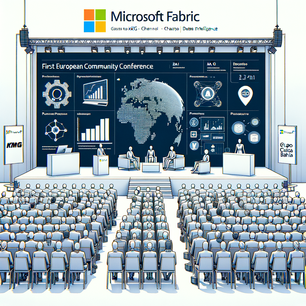 Create an image illustrating the first European Community Conference of Microsoft Fabric which took place in Stockholm, Sweden. There should be a representation of a technological conference with emphasis on Microsoft Fabric's innovations, including elements of AI and data analysis. The style must be vectorial, flat, and corporate on a white, textureless background. The perspective should be 2D and linear. Key components of the image should include a stage for main presentations, a giant screen displaying analytical graphs and data, Artificial Intelligence icons representing the new AI capabilities, an audience to exemplify conference participants, and partner logos such as 'KPMG', 'Chanel', and 'Grupo Casas Bahia.'