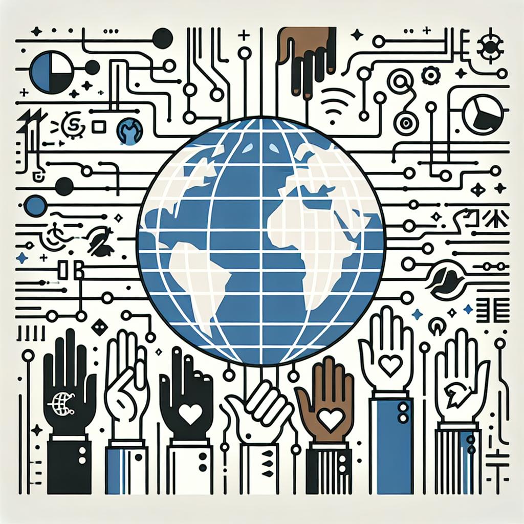 Create a 2D, linear perspective, vector-style corporate image on a plain white background. The main design should depict the global interconnection between cultures and languages. Focus on elements such as a globe, symbolizing cultural and linguistic diversity, computer circuits indicating technology and AI, and multiple hands coming together to denote collaboration between different cultures. Ensure that these hands represent various descents such as Caucasian, Hispanic, Black, Middle-Eastern, and South Asian. Use a flat design to represent these elements.