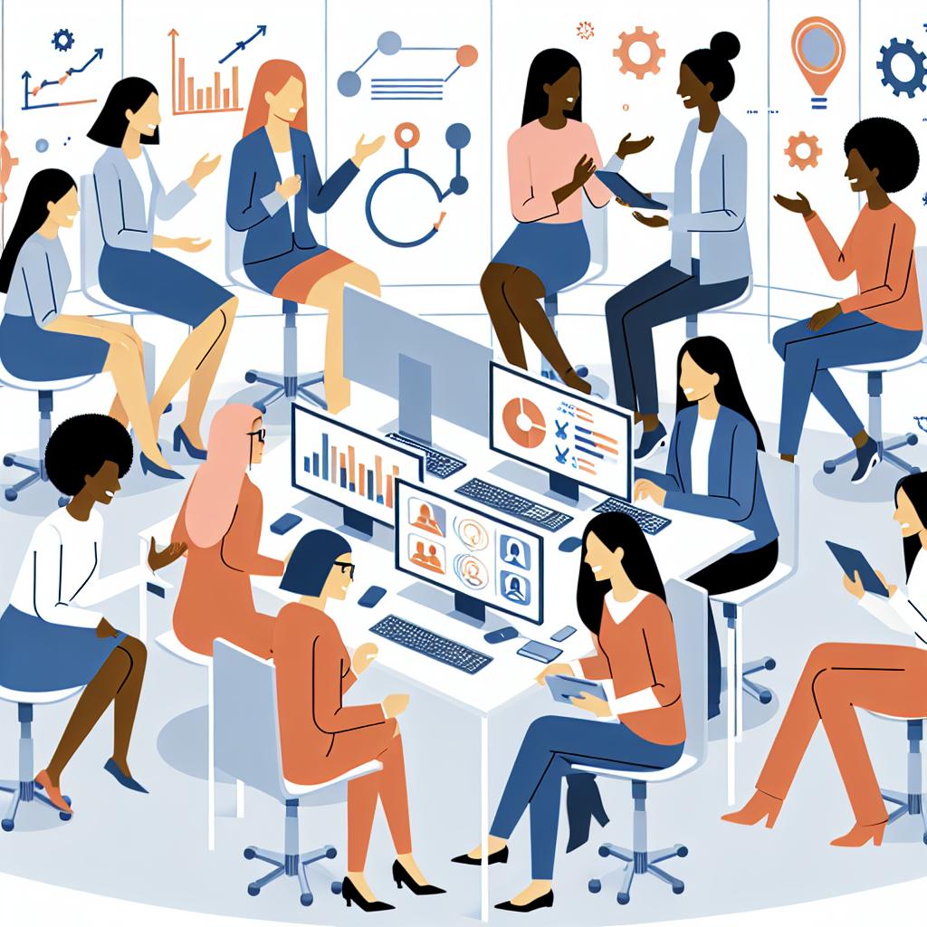 Depict several women of different descents such as Caucasian, Black, Hispanic, Middle-Eastern and South Asian, in a collaborative tech environment engaged in active discussion, symbolizing inclusion and diversity in the industry. This environment should be in a flat corporate style, vectorial, on a plain untextured white background and depicted from a 2D, linear perspective. Incorporate elements indicating collaboration such as people working together, positive interactions through smile, and computers and charts representing the field of technology and innovation.