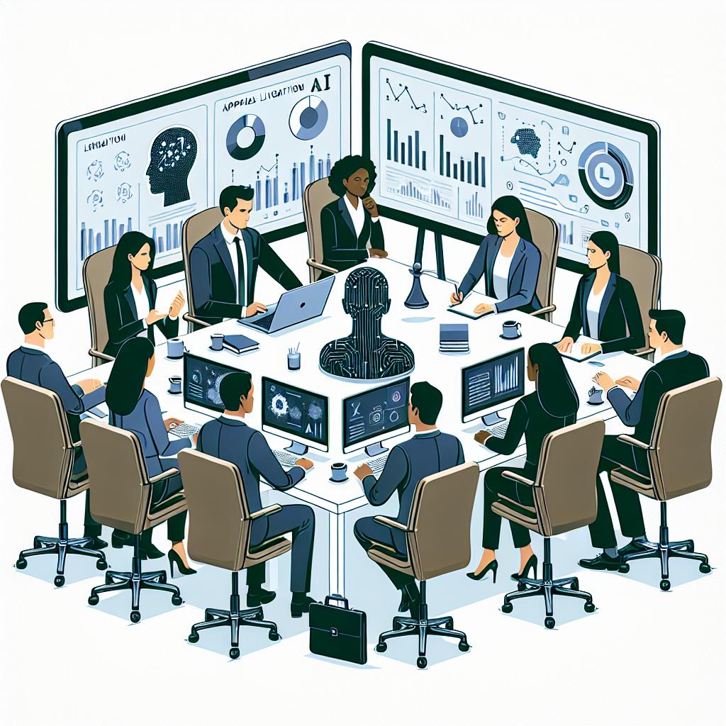Illustrate the concept of legal innovation with AI in a corporate and vectorial style in a 2D, linear perspective. Depict a scene where diverse Applied Legal Researchers are collaborating in a workspace. The scene should include Caucasian and Hispanic women alongside Black and South Asian men seated around a round table, symbolizing interdisciplinary collaboration. They're engaged in a discussion, and computer screens around them display charts and data related to legal research and AI. Have all this on a plain, white, textureless background for simplicity and focus.