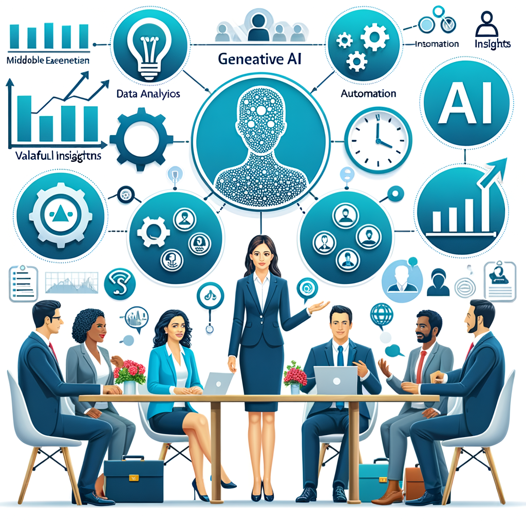 Create a 2D, flat, corporate-style vector image showcasing how generative AI in Dynamics 365 Sales can transform Customer Relationship Management (CRM). Place focus on a salesperson, of Middle-Eastern descent and female, interacting with satisfied customers, who are of varied descent and gender. Use symbols/icons depicting AI and automation in the background. Also add data charts and insights, symbolizing data analysis and valuable insights offered by AI. Incorporate a clock, symbolizing time-saving due to task automation. Set against a white and textureless background, with a color palette comprised predominantly of varying shades of blue and green to represent technology and innovation.