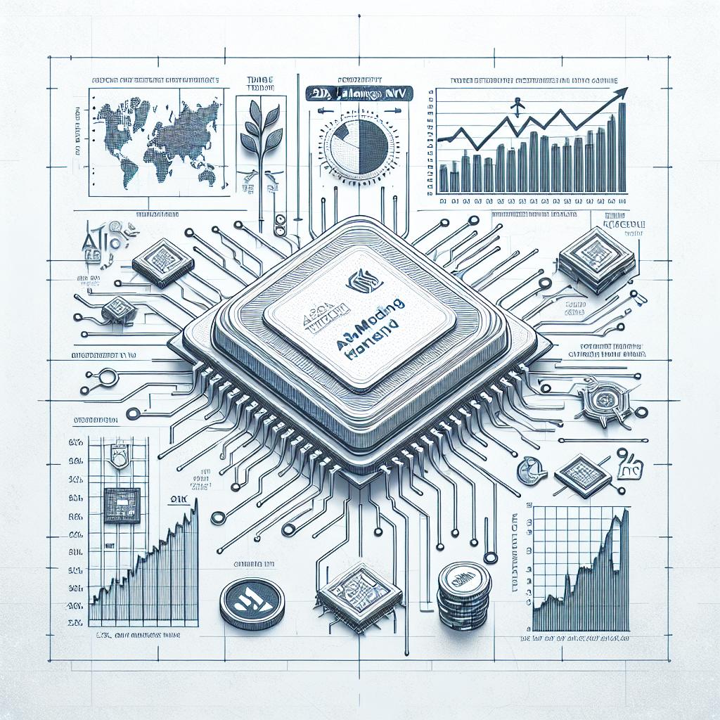 Create a 2D, linear perspective, corporate styled vector image on a white, texture-less background. The image visualizes the performance of ASML Holdings NV stocks, featuring a 20% dip since July due to negative critique from Morgan Stanley and trade tensions with China. Add elements such as stock charts indicating ASML's performance over time, technology symbols representative of the chip industry, trade maps hinting at the commercial relationship with China, and AI icons symbolizing their focus on artificial intelligence.