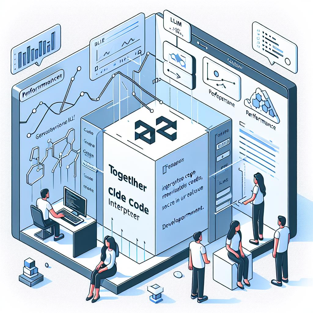 Create a corporate-style, flat vector 2D linear perspective image on a plain white, textureless background. The image should signify the acquisition of CodeSandbox by Together AI and their launch of the Together Code Interpreter. This technology interprets natively written code on a generative AI platform, allowing LLM generated codes to run in safe, isolated development environments. The graphics should depict the integration of the Together Code Interpreter with CodeSandbox, showing that developers can now execute generated codes in secure environments. Add the logos of Together AI and CodeSandbox to represent the partnership, performance graphs to illustrate the efficiency of the new system, and male and female developers of different descents at work, symbolizing the community benefiting from this technology.