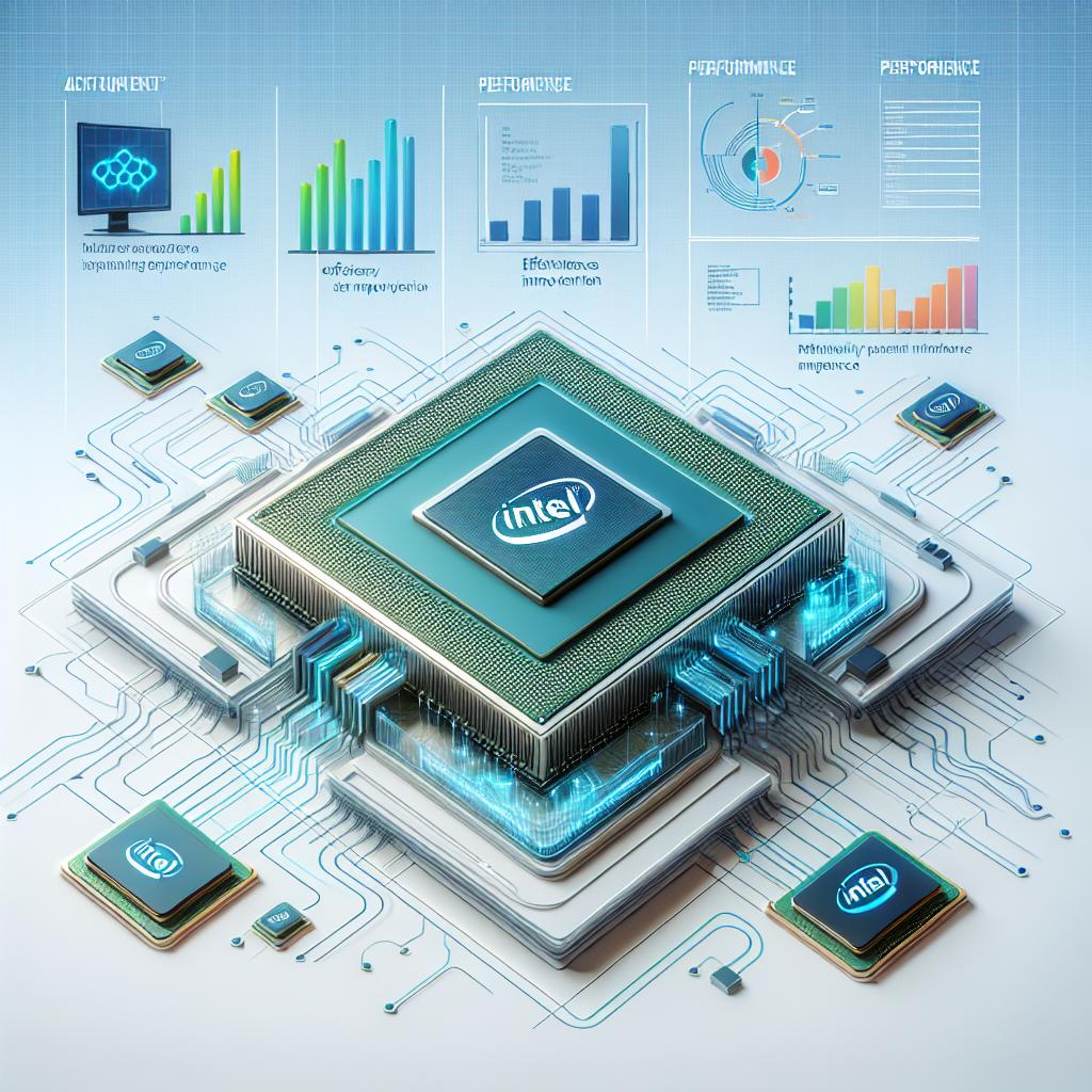 Visualize a conceptual representation of the Intel Xeon 6 processor in a data center environment. The image should be rendered in vector style, with a flat, corporate design. The background should be crisp and white, with no textures. The perspective should be 2D and linear. Additional elements include computer chips, symbolizing technological innovation, performance graphs showcasing efficiency improvements, and AI symbols to denote its application in artificial intelligence. The colors of the processors should symbolize high-performance technology.