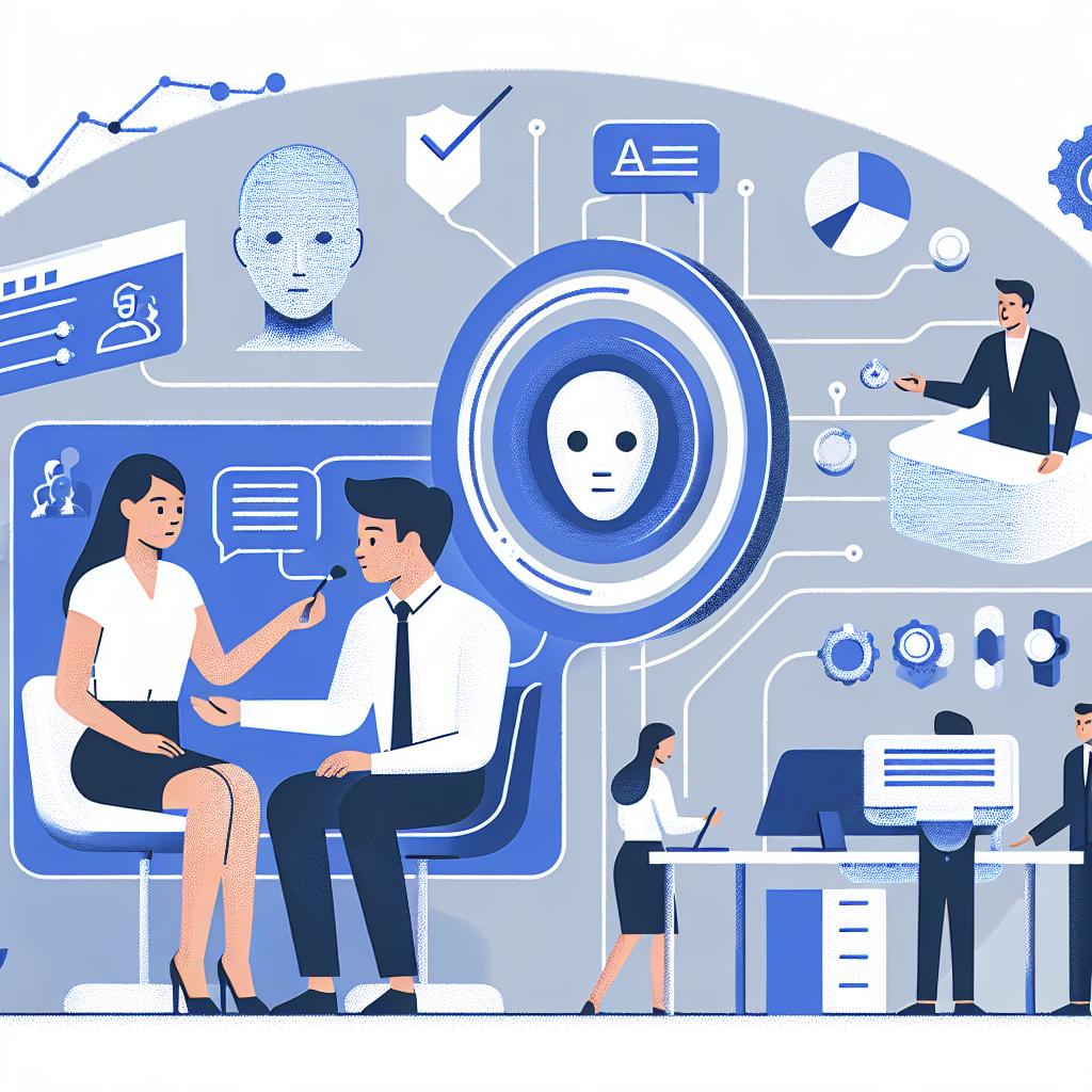 Craft a modern vector illustration in a flat 2D style incorporating a corporate environment. The illustration should portray an office setting where business decisions take place. It should show an Asian man and a Hispanic woman interacting with AI technology. Also, depict the integration of AI solutions within this business space. Symbols representing compliance should be scattered subtly around, indicating the norms that companies need to follow. Performance charts should be included to symbolize the positive impacts of compliance. The entire image is to be set against a smooth, textureless white background.