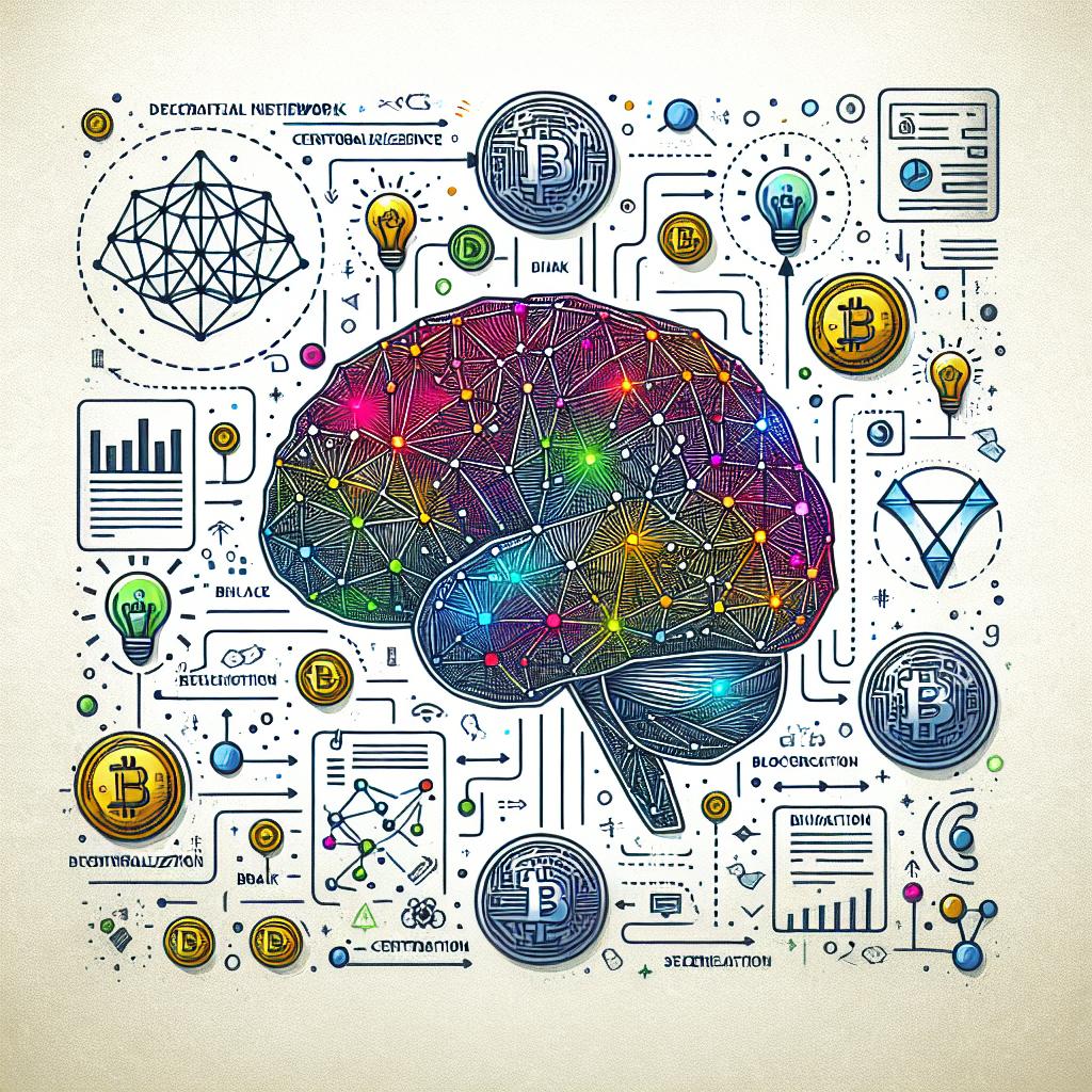 Create a vector-style, corporate, 2D, and flat image with a linear perspective on a plain white, texture-less background. The visuals should depict a decentralized network combined with elements of artificial intelligence. This includes digital brains, signifying artificial intelligence, and Blockchain diagrams, symbolizing decentralization. Add vibrant colors to reflect the themes of innovation and technology. Also incorporate coin icons to indicate financial transactions. It highlights the challenges of security in the blend of AI and Blockchain.